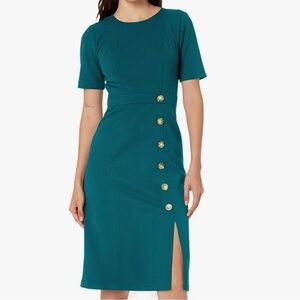 Maggy London NWT Womens Jewel Neck Midi Dress Button Detail Deep Lagoon sz 6 #